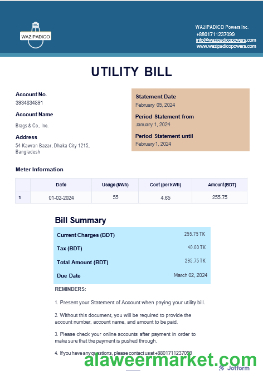 BANGLADESH WAZIPADICO POWER business utility bill Word and PDF template